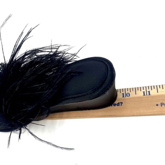 Vintage Madye's Fru-Fru Fancy Wedge Heel Black Slippers w Feathery Detail L 8-9 - Picture 12 of 12